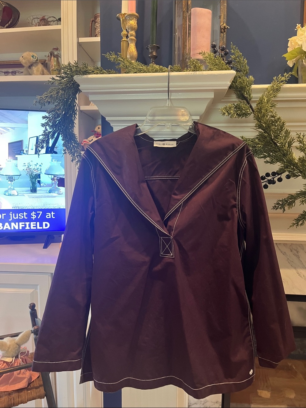 Tory Burch Plum Sailor Pullover with Contrast White Stitching